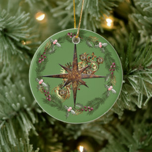 Steampunk-Kompass-Stern & -Kranz anpassbar Keramik Ornament