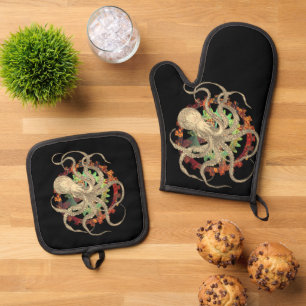 Steampunk-Kraken und robustes Uhrwerk Ofenhandschuh & Topflappen-Set