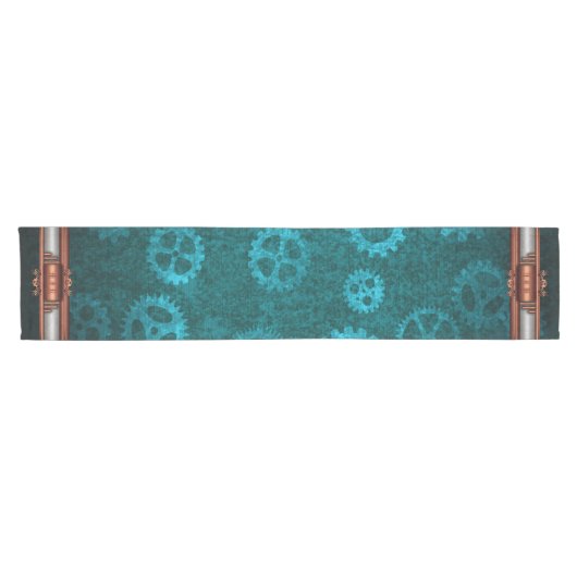Steampunk, Kupfer auf aquamarinen Getrieben, Monog Kurzer Tischläufer (Horizontal)