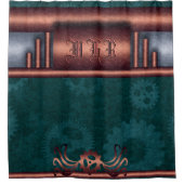 Steampunk, Kupfer auf aquamarinen Sprossen, Monogr Duschvorhang (Vorderseite)