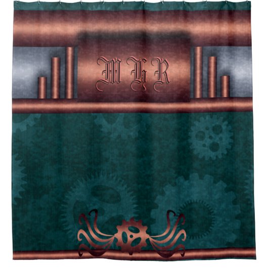 Steampunk, Kupfer auf aquamarinen Sprossen, Monogr Duschvorhang (Vorderseite)