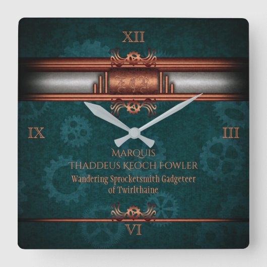 Steampunk, Kupfer auf aquamarinen Zahnrädern, Mono Quadratische Wanduhr (Vorderseite)