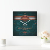 Steampunk, Kupfer auf aquamarinen Zahnrädern, Mono Quadratische Wanduhr (Zuhause)