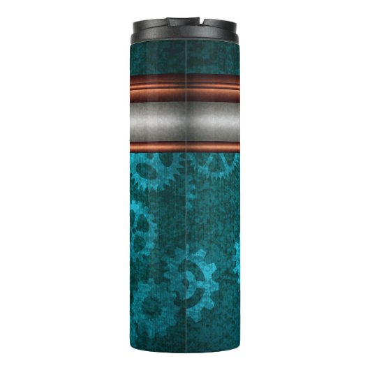 Steampunk, Kupfer auf aquamarinen Zahnrädern, Mono Thermosbecher (Rückseite)