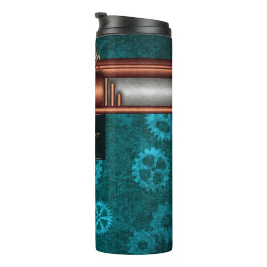 Steampunk, Kupfer auf aquamarinen Zahnrädern, Mono Thermosbecher (Nach rechts gedreht)