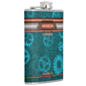 Steampunk, Kupferlook auf aquamarinen Zahnrädern, Flachmann (Rechts)