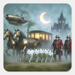 Steampunk-Kutsche mit Kutschern und weißen Wölfen Quadratischer Aufkleber