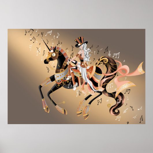 Steampunk Lady & Mechanische Pferde Poster (Vorne)