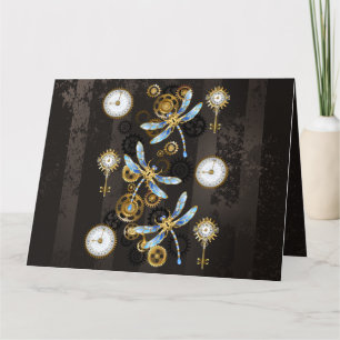Steampunk-Libellen auf braun gestreiftem Hintergru Dankeskarte