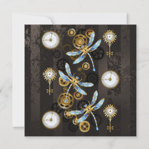 Steampunk-Libellen auf braun gestreiftem Hintergru Feiertagskarte