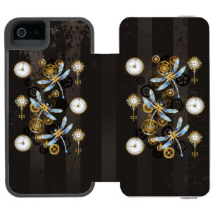 Steampunk-Libellen auf braun gestreiftem Hintergru Incipio Watson™ iPhone 5 Geldbörsen Hülle