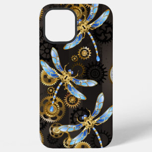 Steampunk-Libellen auf braun gestreiftem Hintergru iPhone 12 Pro Max Hülle