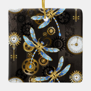 Steampunk-Libellen auf braun gestreiftem Hintergru Keramikornament