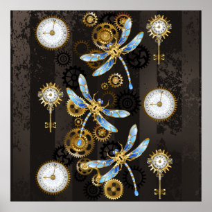 Steampunk-Libellen auf braun gestreiftem Hintergru Poster