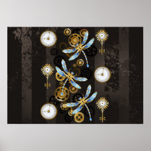 Steampunk-Libellen auf braun gestreiftem Hintergru Poster