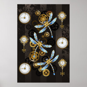 Steampunk-Libellen auf braun gestreiftem Hintergru Poster