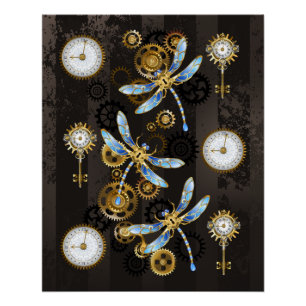 Steampunk-Libellen auf braun gestreiftem Hintergru Poster