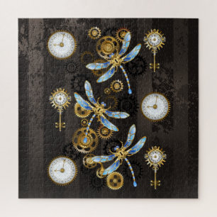 Steampunk-Libellen auf braun gestreiftem Hintergru Puzzle