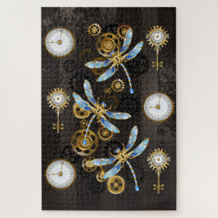 Steampunk-Libellen auf braun gestreiftem Hintergru Puzzle