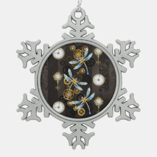 Steampunk-Libellen auf braun gestreiftem Hintergru Schneeflocken Zinn-Ornament