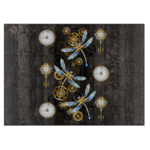 Steampunk-Libellen auf braun gestreiftem Hintergru Schneidebrett