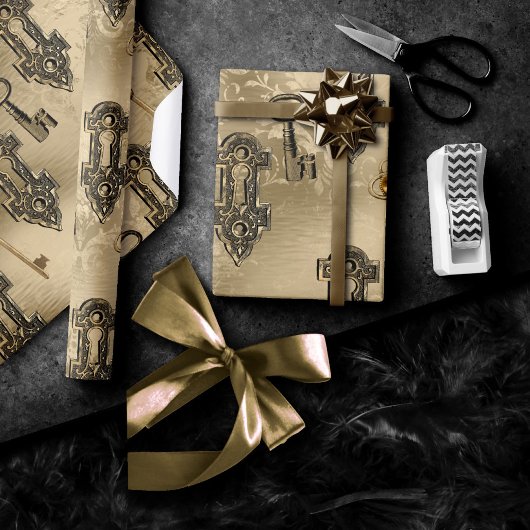 Steampunk Lock und Key Gold | Vintage Entkopplung Geschenkpapier
