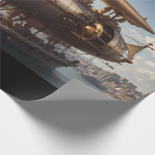 Steampunk-Luftschiff an der Landung Geschenkpapier (Ecke)