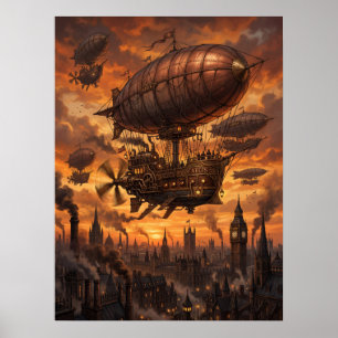 Steampunk-Luftschiff-Flotte viktorianische Stadt S Poster