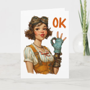 Steampunk-Mädchen mit selbstsicherer OK-Geste Karte