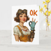 Steampunk-Mädchen mit selbstsicherer OK-Geste Karte (Gelbe Blume)