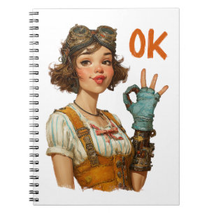 Steampunk-Mädchen mit selbstsicherer OK-Geste Notizblock