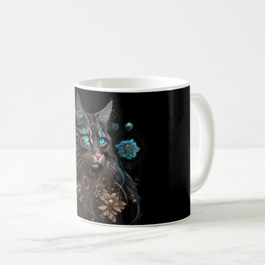 Steampunk magic Maine Coon cat and Blume KI art Kaffeetasse (VorderseiteRechts)