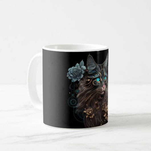 Steampunk magic Maine Coon cat and Blume KI art Kaffeetasse (Vorderseite Links)
