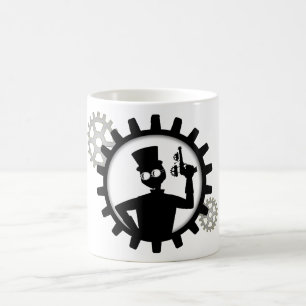 Steampunk Man hält die Waffe im Getriebe Kaffeetasse