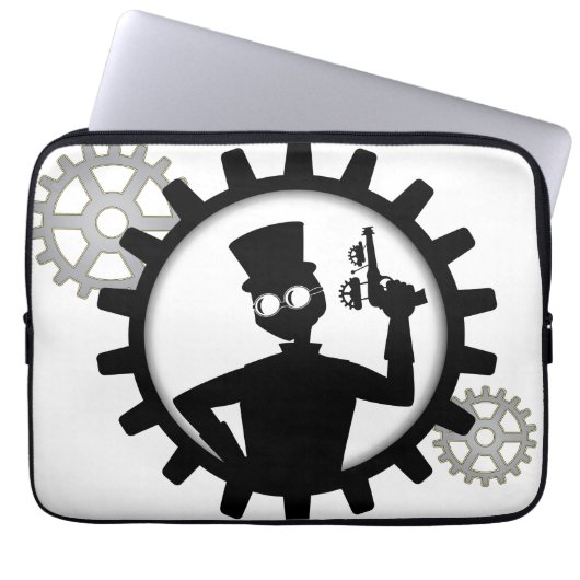 Steampunk Man hält die Waffe im Getriebe Laptopschutzhülle (Vorderseite)