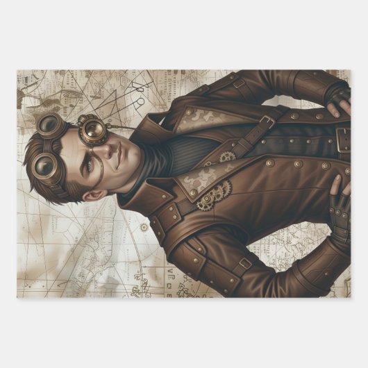 Steampunk Männer Dekorpapier Geschenkpapier Set (Vorderseite)