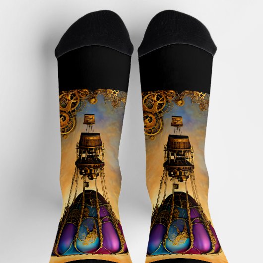 Steampunk Mauve & Blue Hot Air Ballon Orange Sky Socken (Oben)