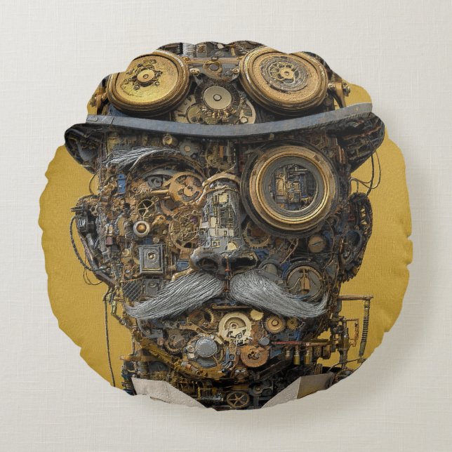 Steampunk Mechanical Gentleman Rundes Kissen (Vorderseite)