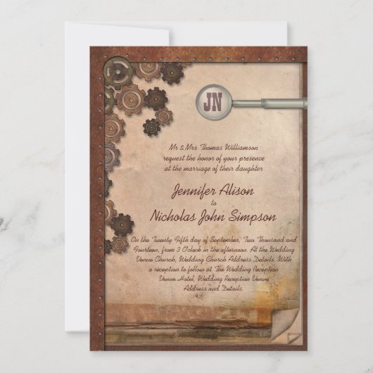 Steampunk Mechanical Writing Set Wedding Invites Einladung (Vorderseite)