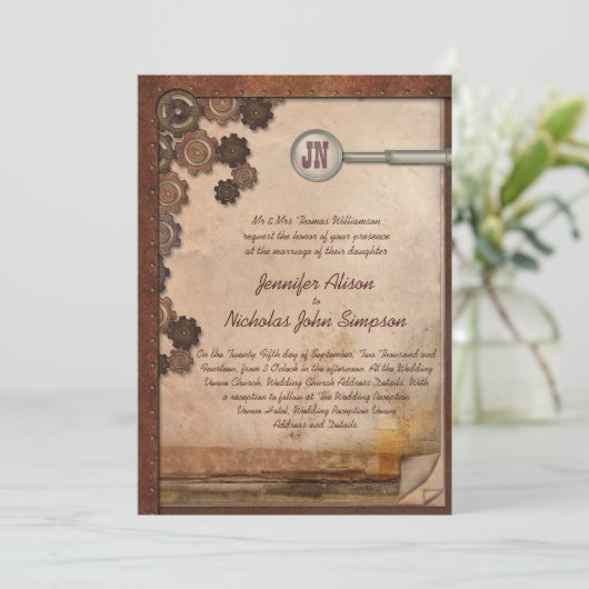 Steampunk Mechanical Writing Set Wedding Invites Einladung (Stehend Vorderseite)