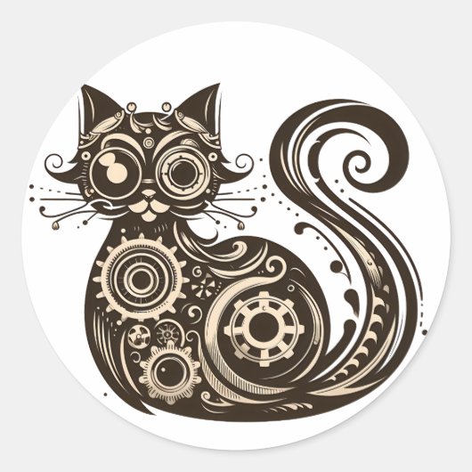 Steampunk Mechanische Katze Runder Aufkleber (Vorderseite)