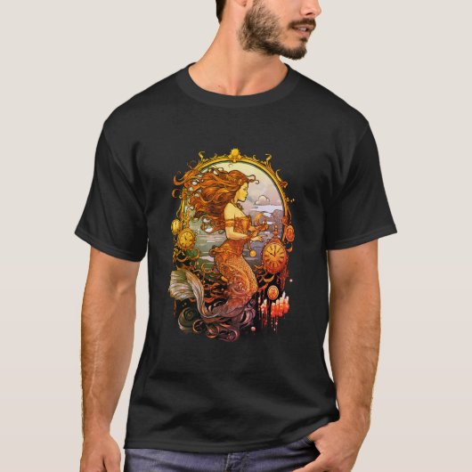 Steampunk Mermaid Image on a Black SS T-Shirt (Vorderseite)