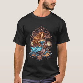 Steampunk Mermaid in a Blue Dress on a Man's Black T-Shirt
