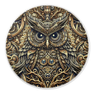 Steampunk Metal and Diamond Gold Owl Keramikknauf