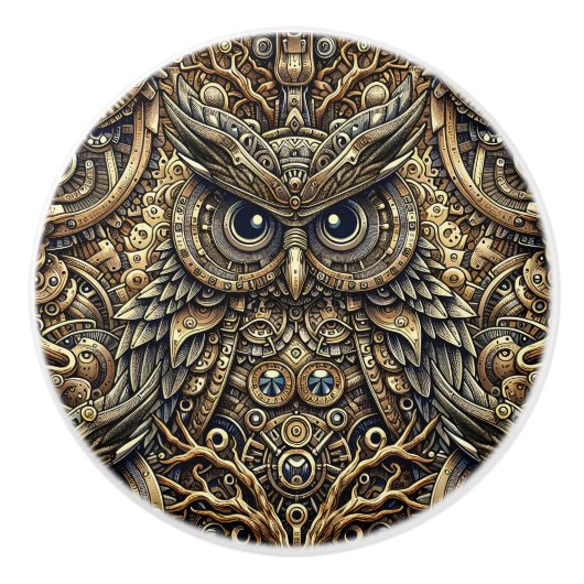 Steampunk Metal and Diamond Gold Owl Keramikknauf (Vorderseite)