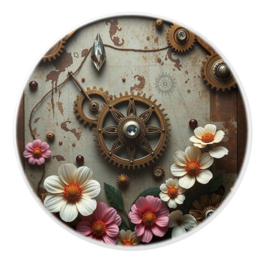 Steampunk Metal Flowers, Gears and Diamonds Keramikknauf (Vorderseite)