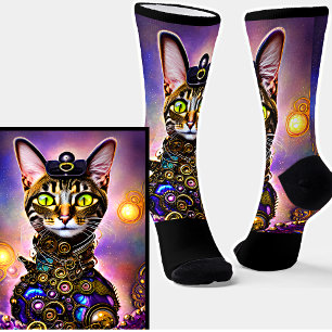 Steampunk Metal Goth Golden Cat auf Black Socken