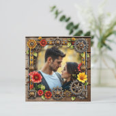 Steampunk Metal & Wood Personalisiert Wedding RSVP Save The Date (Stehend Vorderseite)