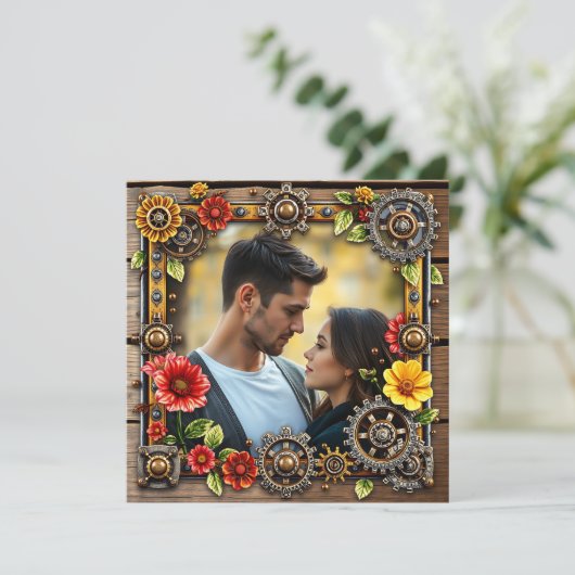 Steampunk Metal & Wood Personalisiert Wedding RSVP Save The Date (Stehend Vorderseite)