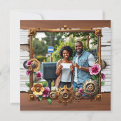 Steampunk Metal & Wood Personalisiert Wedding RSVP Save The Date (Vorderseite)